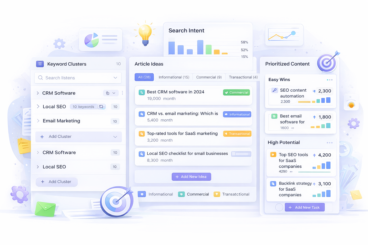 A modern SEO content planning workspace showing keyword clusters, article ideas, search intent grouping, and prioritization for a business blog strategy.